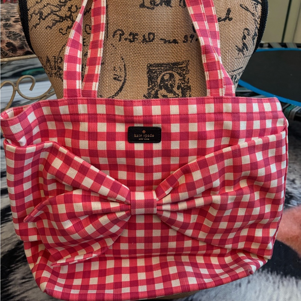 kate spade pink and white gingham bow tote - Picture 1 of 6